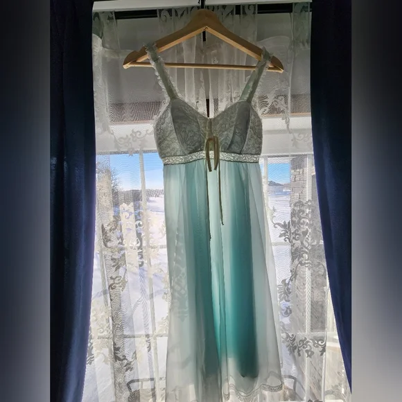 1960s Olga Light Blue Chiffon Nylon Nightgown | Vintage 60s Babydoll Nightdress - Picture 2 of 6